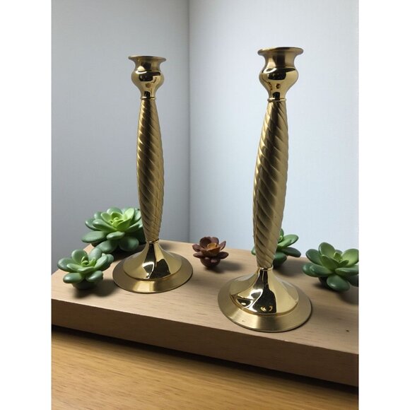 Vintage PaIr of Partylite Lexington polished Gold Solid Brass Candlestick Holder - Picture 3 of 9